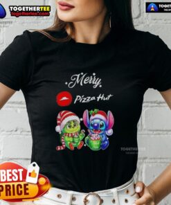 Cute Baby Grinch and Stitch on a Pizza Hut Merry Christmas Ladies Tee, perfect for festive holiday celebrations.