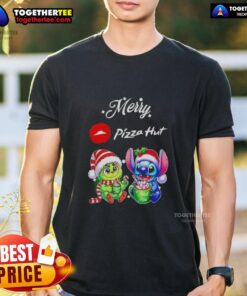 Alt Text: Cute Baby Grinch and Stitch Christmas T-Shirt from Pizza Hut, perfect for festive holiday celebrations.