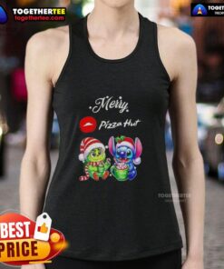Adorable baby Grinch and Stitch in Merry Christmas tank top at Pizza Hut, perfect for festive celebrations.
