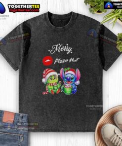 Alt Text: Cute baby Grinch and Stitch on a Merry Christmas Pizza Hut washed t-shirt, perfect for festive holiday wear.