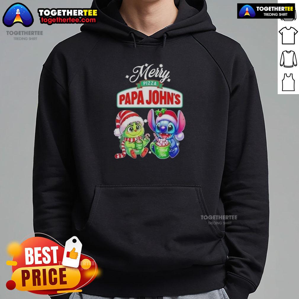 Cute Baby Grinch And Stitch X Pizza Papa John'S Merry Christmas Hoodie Alt Text: Cute Baby Grinch and Stitch X Pizza Papa John's Merry Christmas Hoodie design featuring festive colors and graphics.