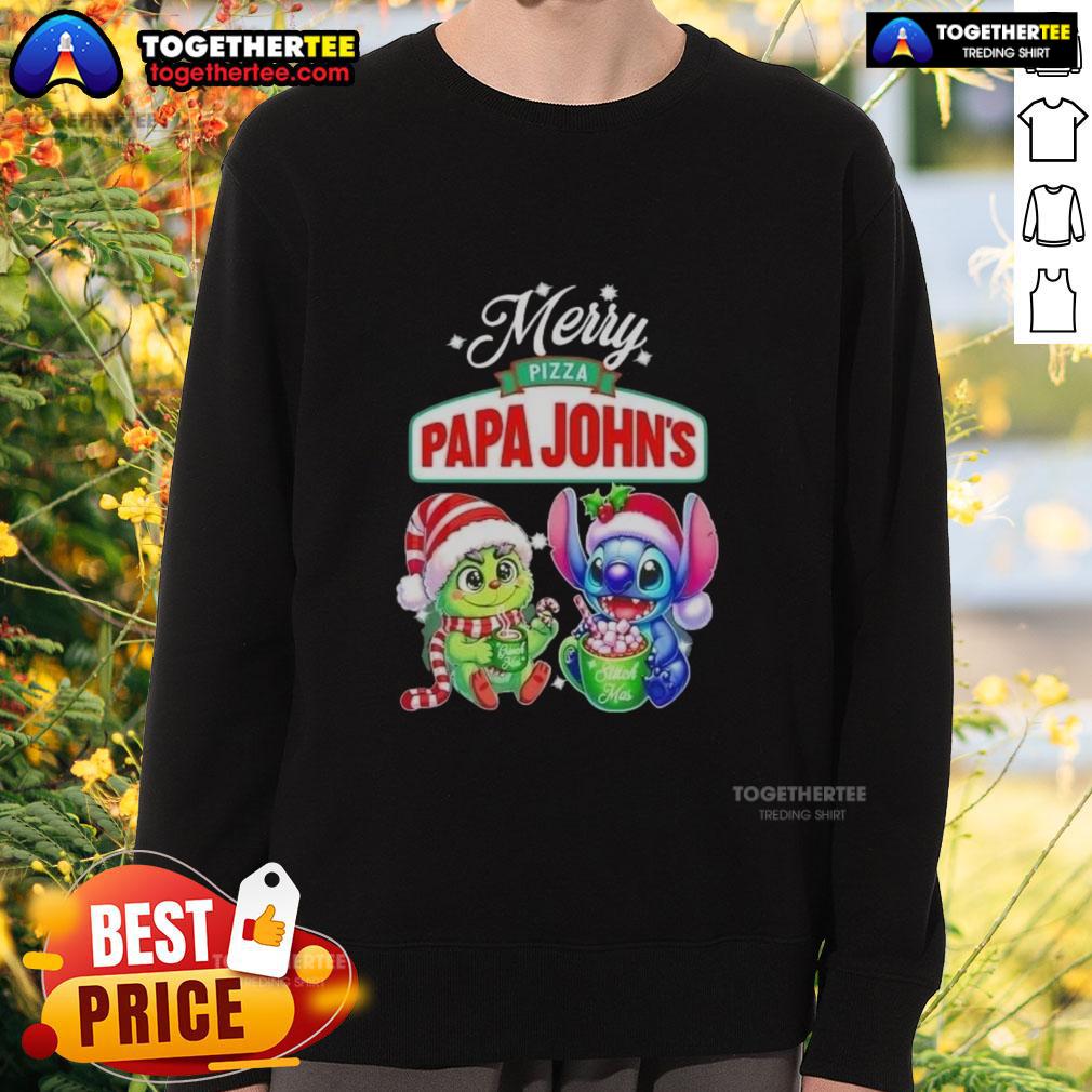 Cute Baby Grinch And Stitch X Pizza Papa John'S Merry Christmas Sweatshirt Alt Text: Cute Baby Grinch and Stitch X Pizza Papa John's Merry Christmas Sweatshirt for festive holiday cheer.