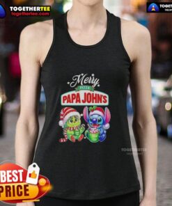 Cute Baby Grinch and Stitch in festive Papa John's Merry Christmas tank top design, perfect for holiday celebrations.