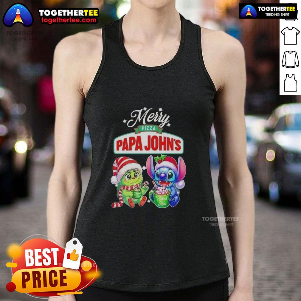 Cute Baby Grinch And Stitch X Pizza Papa John'S Merry Christmas Tank Top Cute Baby Grinch and Stitch in festive Papa John's Merry Christmas tank top design, perfect for holiday celebrations.
