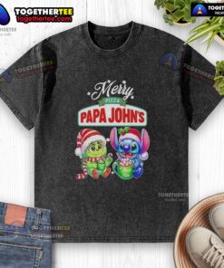 Alt Text: Cute Baby Grinch and Stitch X Pizza Papa Johns Merry Christmas washed t-shirt design for festive apparel.