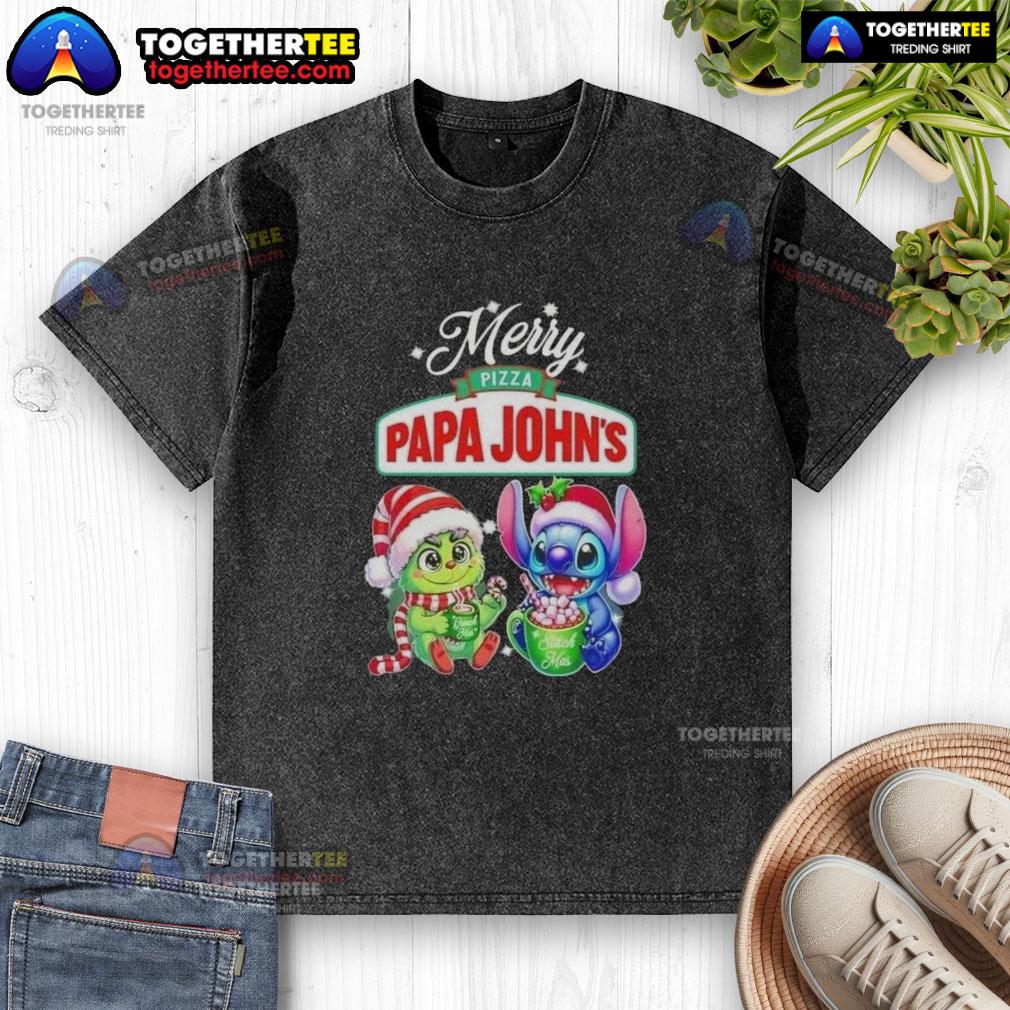 Cute Baby Grinch And Stitch X Pizza Papa John'S Merry Christmas Washed T Shirt Alt Text: Cute Baby Grinch and Stitch X Pizza Papa Johns Merry Christmas washed t-shirt design for festive apparel.