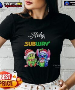 Cute Baby Grinch and Stitch on a Merry Christmas ladies tee, perfect for festive holiday fashion.