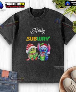 Alt Text: Cute Baby Grinch and Stitch on a Merry Christmas washed t-shirt, perfect for holiday celebrations and festive fashion.
