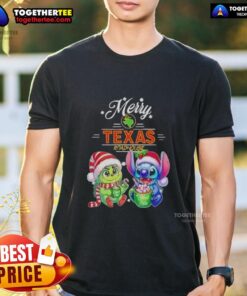 Alt Text: Cute Baby Grinch and Stitch on a Merry Christmas T-Shirt featuring Texas Roadhouse theme, perfect for holiday festivities.