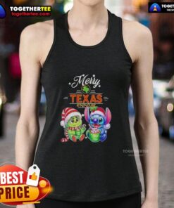 Alt Text: Cute baby Grinch and Stitch tank top from Texas Roadhouse, perfect for a Merry Christmas celebration.