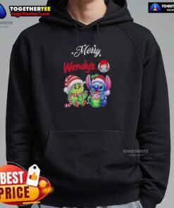 Alt Text: Cute baby Grinch and Stitch in a Merry Christmas hoodie from Wendy's, perfect for holiday cheer and festive fashion.