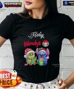 Adorable Cute Baby Grinch and Stitch on Wendy's Merry Christmas Ladies Tee, perfect for festive holiday style.