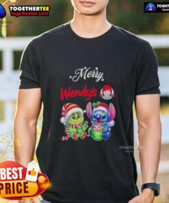 Alt Text: Cute Baby Grinch and Stitch on Wendy's Merry Christmas T-Shirt design, perfect for festive holiday celebrations.