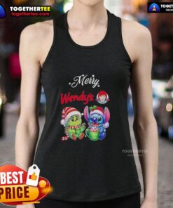 Alt Text: Cute baby Grinch and Stitch on Wendy's Merry Christmas tank top, perfect for festive holiday celebrations.