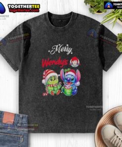 Alt Text: Cute Baby Grinch and Stitch in Wendy's Merry Christmas washed t-shirt, perfect for festive holiday style.