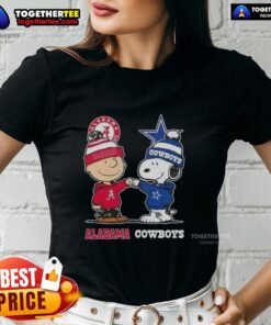 Cute Charlie Brown and Snoopy graphic on Alabama Crimson Tide x Dallas Cowboys ladies tee shirt.