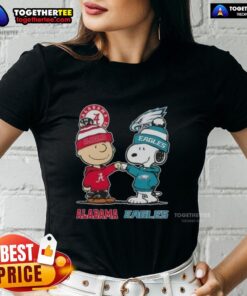 Cute Charlie Brown and Snoopy graphic on Alabama Crimson Tide x Philadelphia Eagles ladies tee shirt design.