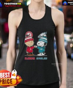 Adorable Charlie Brown and Snoopy graphic on Alabama Crimson Tide x Philadelphia Eagles tank top for fans.