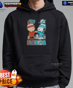 Cute Charlie Brown and Snoopy hoodie featuring Florida Gators and Miami Dolphins skyline design.
