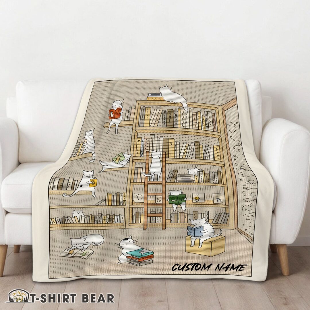 Cute Cute Vintage Minimalist Cat Book Reading Blanket Fleece Customized Blanket