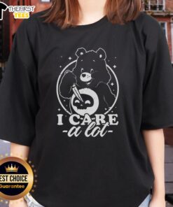 Alt Text: Cute Death Bear I Care A Lot ladies tee featuring a playful bear design, perfect for casual and fun outfits.