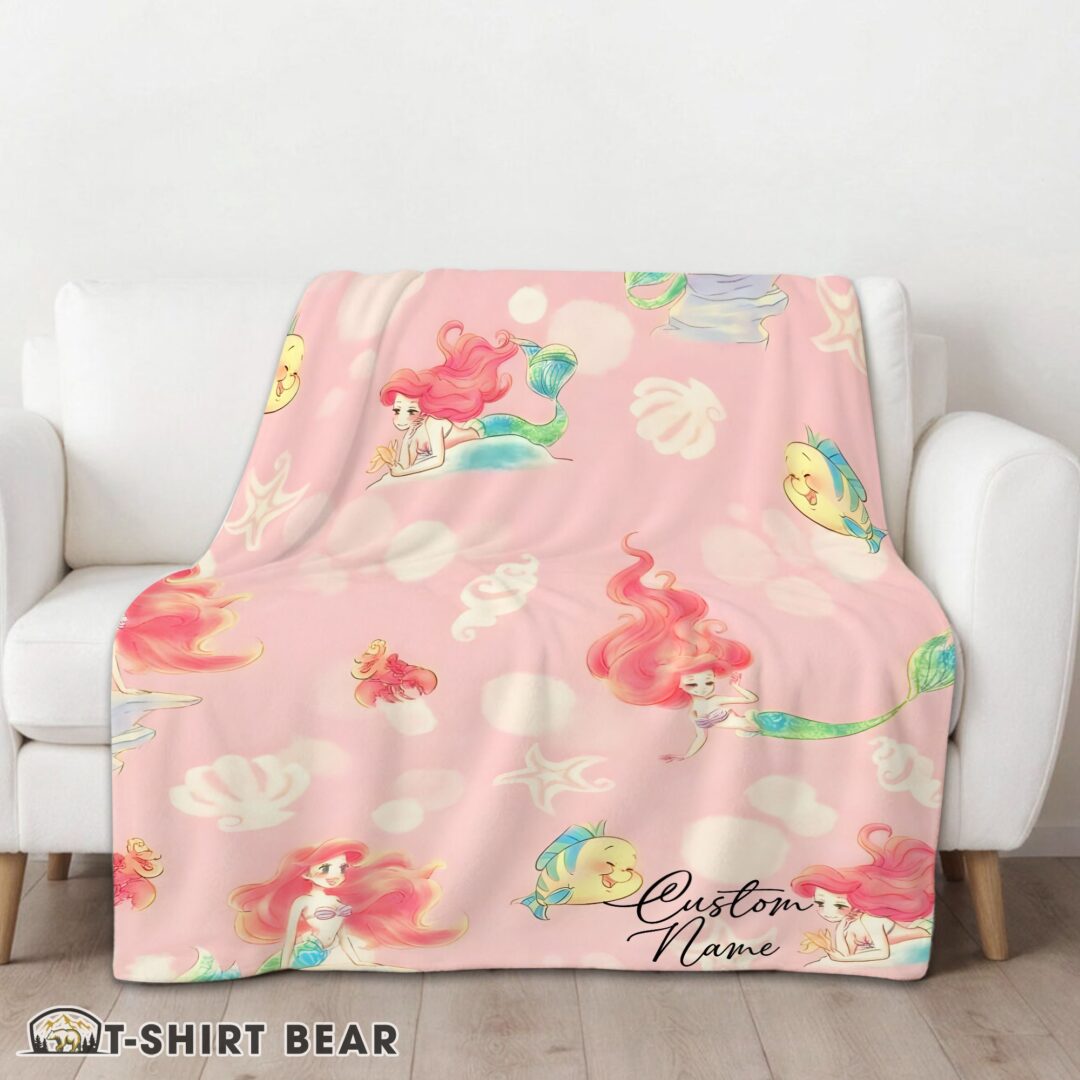 Cute Disney The Little Mermaid & Flounder Delicate Watercolor Blanket Fleece Customized Blanket-mk-01