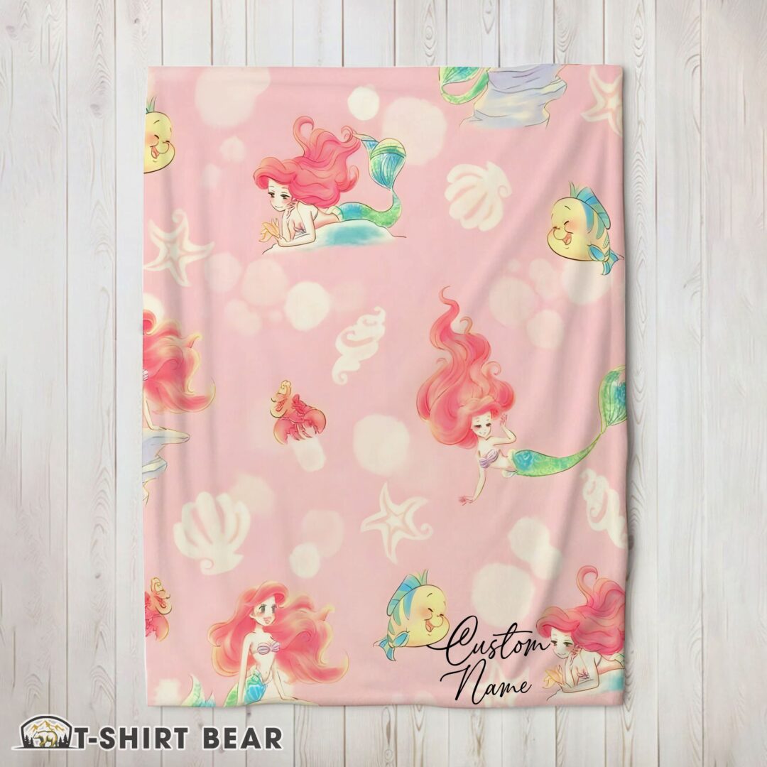 Cute Disney The Little Mermaid & Flounder Delicate Watercolor Blanket Fleece Customized Blanket-mk-02