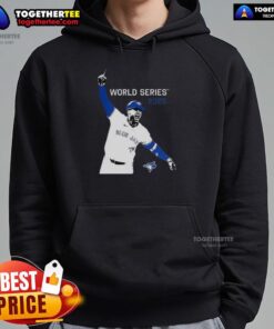 Alt Text: Cute George Springer Toronto Blue Jays MLB World Series 2025 graphic hoodie design featuring vibrant colors and player logo.