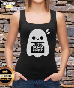 Cute ghost graphic on a tank top with the phrase 'I See Dumb People' for a fun, humorous style.