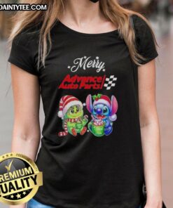 Cute Grinch and Stitch graphic on a Merry Christmas ladies tee from Advance Auto Parts, perfect for festive celebrations.