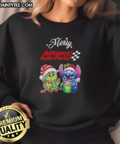 Cute Grinch and Stitch X Advance Auto Parts Merry Christmas sweatshirt featuring festive designs and cozy style.