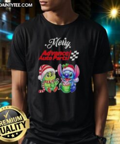 Alt Text: Cute Grinch and Stitch Christmas T-Shirt design featuring a festive theme, perfect for holiday celebrations with Advance Auto Parts.