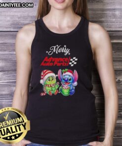 Cute Grinch and Stitch Christmas tank top from Advance Auto Parts, perfect for holiday celebrations.