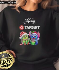 Alt Text: Cute Grinch and Stitch X Target Merry Christmas sweatshirt featuring festive designs perfect for holiday celebrations.
