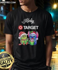 Alt Text: Cute Grinch and Stitch X Target Merry Christmas T-Shirt featuring festive graphics for holiday cheer.