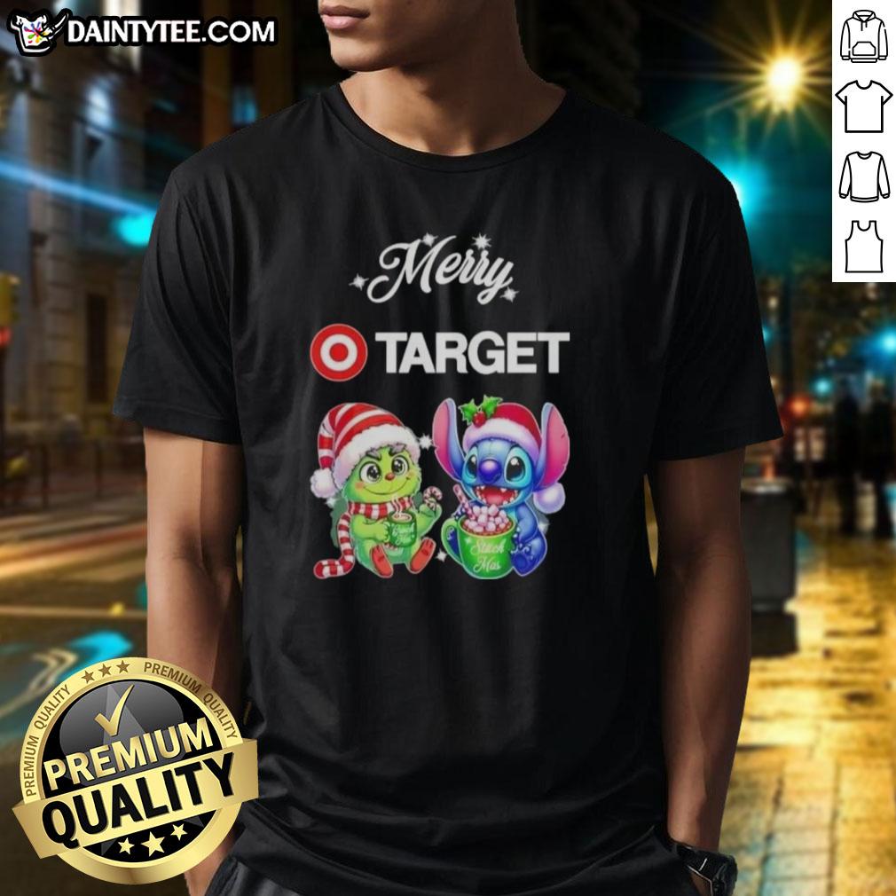 cute-grinch-and-stitch-x-target-merry-christmas-t-shirt-2 Alt Text: Cute Grinch and Stitch X Target Merry Christmas T-Shirt featuring festive graphics for holiday cheer.
