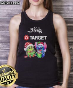 Alt Text: Cute Grinch and Stitch X Target Merry Christmas tank top featuring festive designs for holiday cheer.