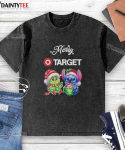 Alt Text: Cute Grinch and Stitch X Target Merry Christmas washed t-shirt featuring festive designs for holiday fun.