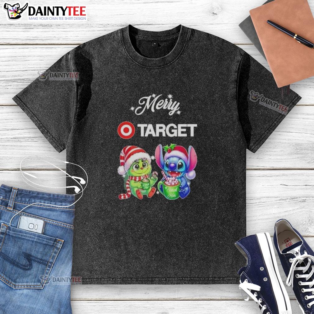 cute-grinch-and-stitch-x-target-merry-christmas-washed-t-shirt Alt Text: Cute Grinch and Stitch X Target Merry Christmas washed t-shirt featuring festive designs for holiday fun.