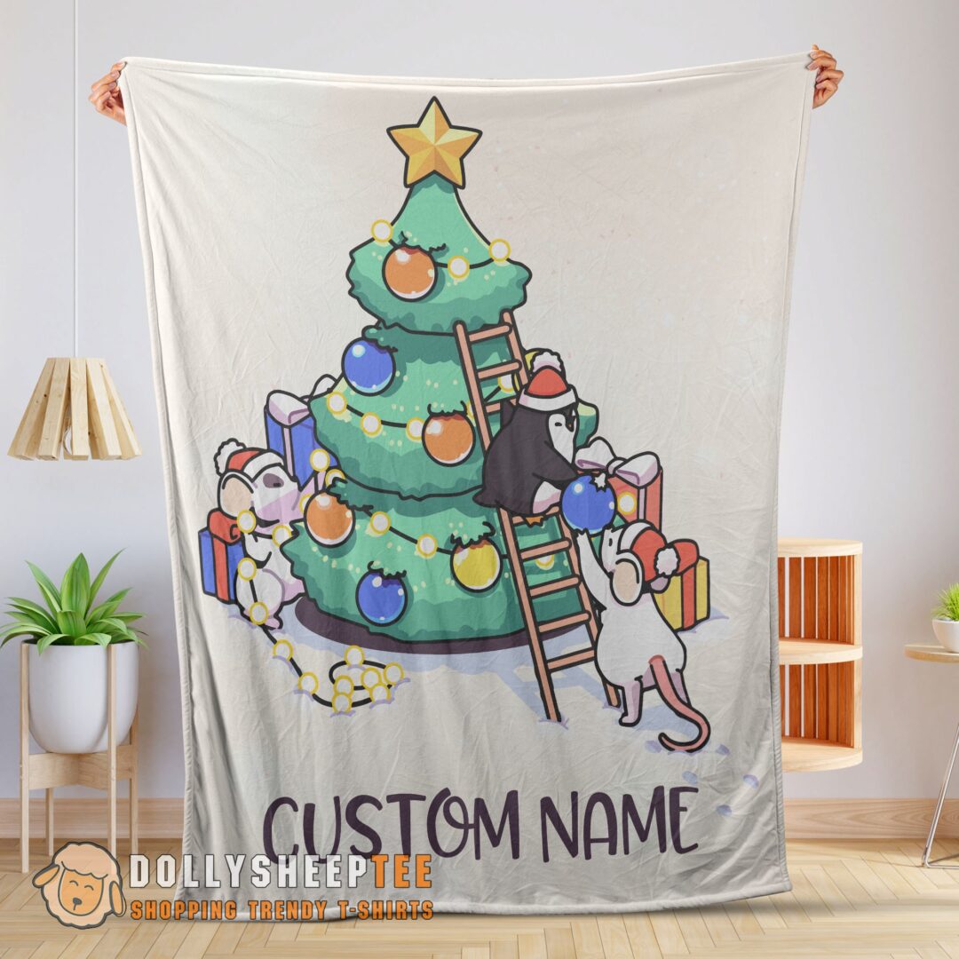 Cute Mice & Penguin Cartoon Christmas Tree Blanket Customized Blanket