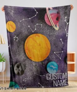Cute Outer Space Galaxy Watercolor Planets & Stars Blanket Fleece Customized Blanket