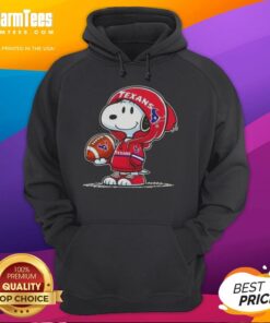 Cute Peanuts Snoopy wearing a Houston Texans hoodie, smiling at fans in a fun, vibrant setting.