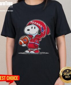 Cute Peanuts Snoopy in a Houston Texans hoodie, smiling at fans on a ladies' tee, perfect for NFL team spirit.