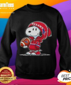 Alt Text: Cute Peanuts Snoopy wearing a Houston Texans hoodie, smiling at fans while showcasing a cozy sweatshirt design.