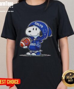 Alt Text: Cute Snoopy wearing an Indianapolis Colts hoodie, smiling at fans on a ladies' tee, showcasing playful NFL spirit.