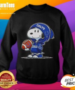 Cute Peanuts Snoopy wearing an Indianapolis Colts hoodie, smiling at fans in a cozy sweatshirt.