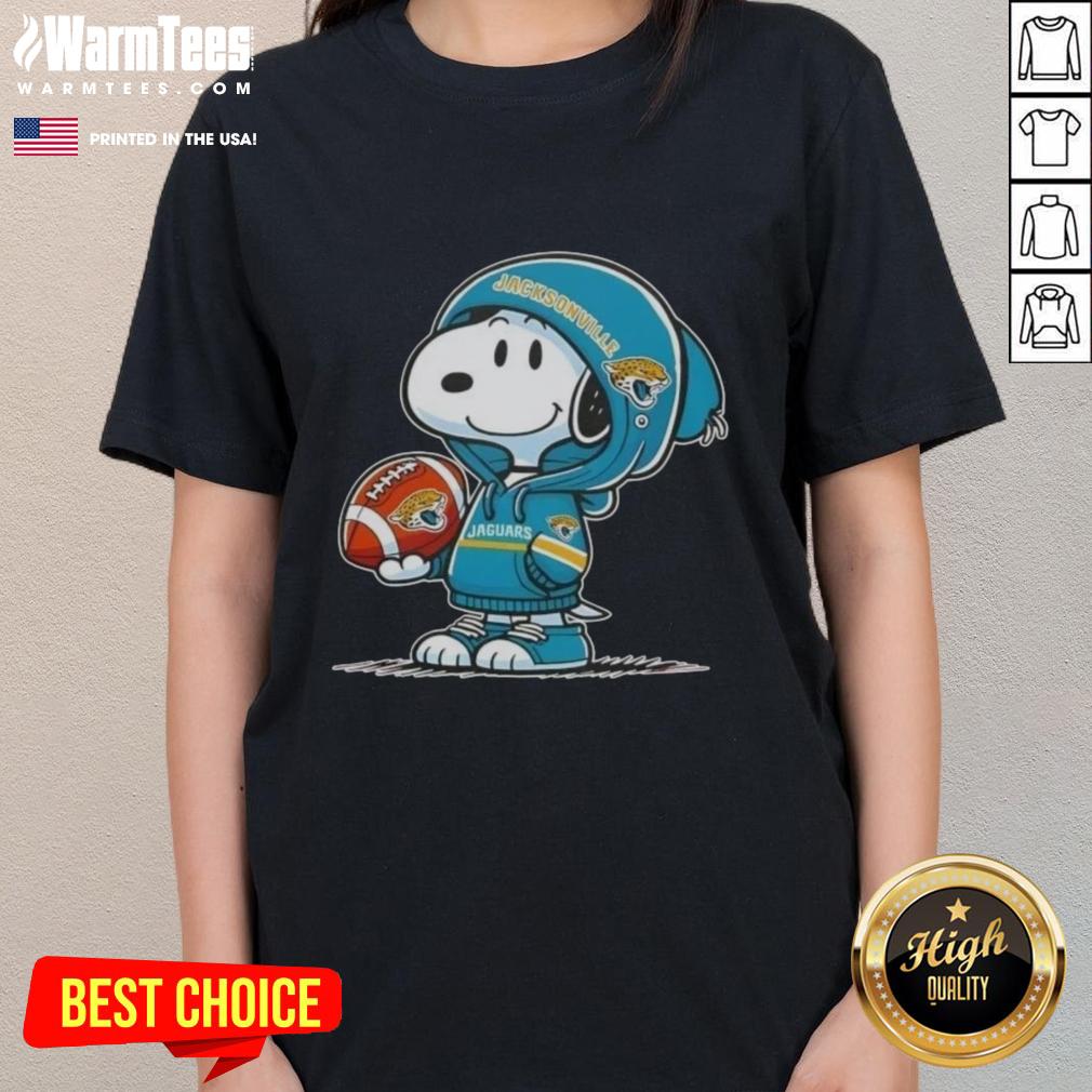 cute-peanuts-snoopy-wearing-hoodie-jacksonville-jaguars-and-smilling-at-fans-ladies-tee Cute Peanuts Snoopy in a Jacksonville Jaguars hoodie, smiling at fans on a ladies tee design.