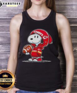 Cute Peanuts Snoopy in a Kansas City Chiefs hoodie smiles at fans while wearing a tank top.