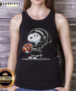 Cute Peanuts Snoopy in a Las Vegas Raiders hoodie, smiling at fans while wearing a tank top.