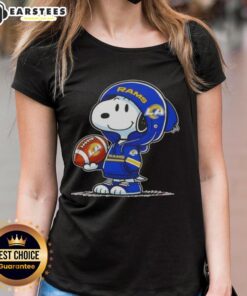 Cute Peanuts Snoopy wearing a Los Angeles Rams hoodie, smiling at fans on a ladies tee, perfect for NFL enthusiasts.